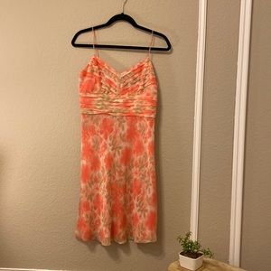 Floral peach, green, and cream summer silk dress